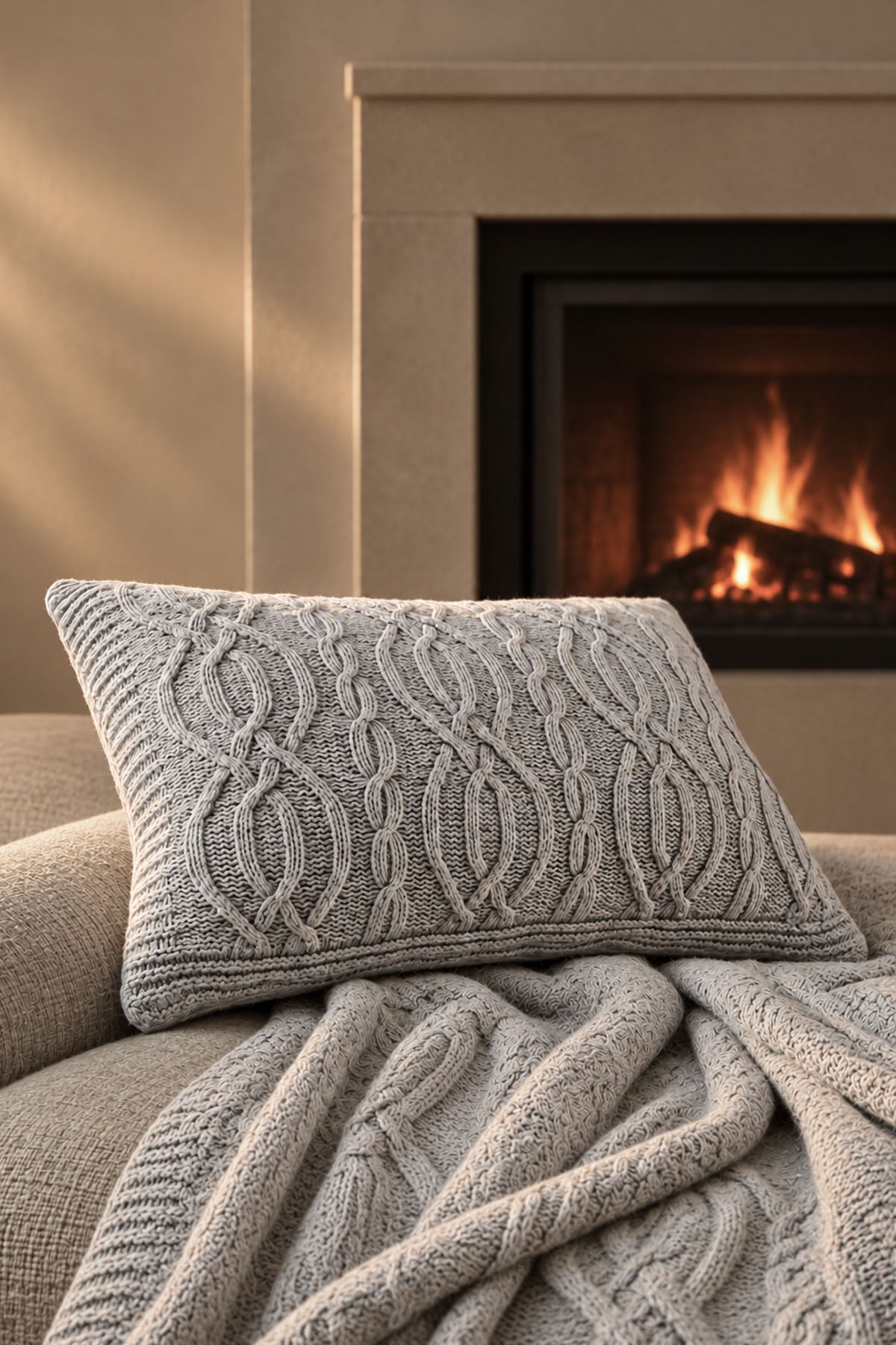 Cable Wool Blend Knit Cushion Cover Lt.Grey