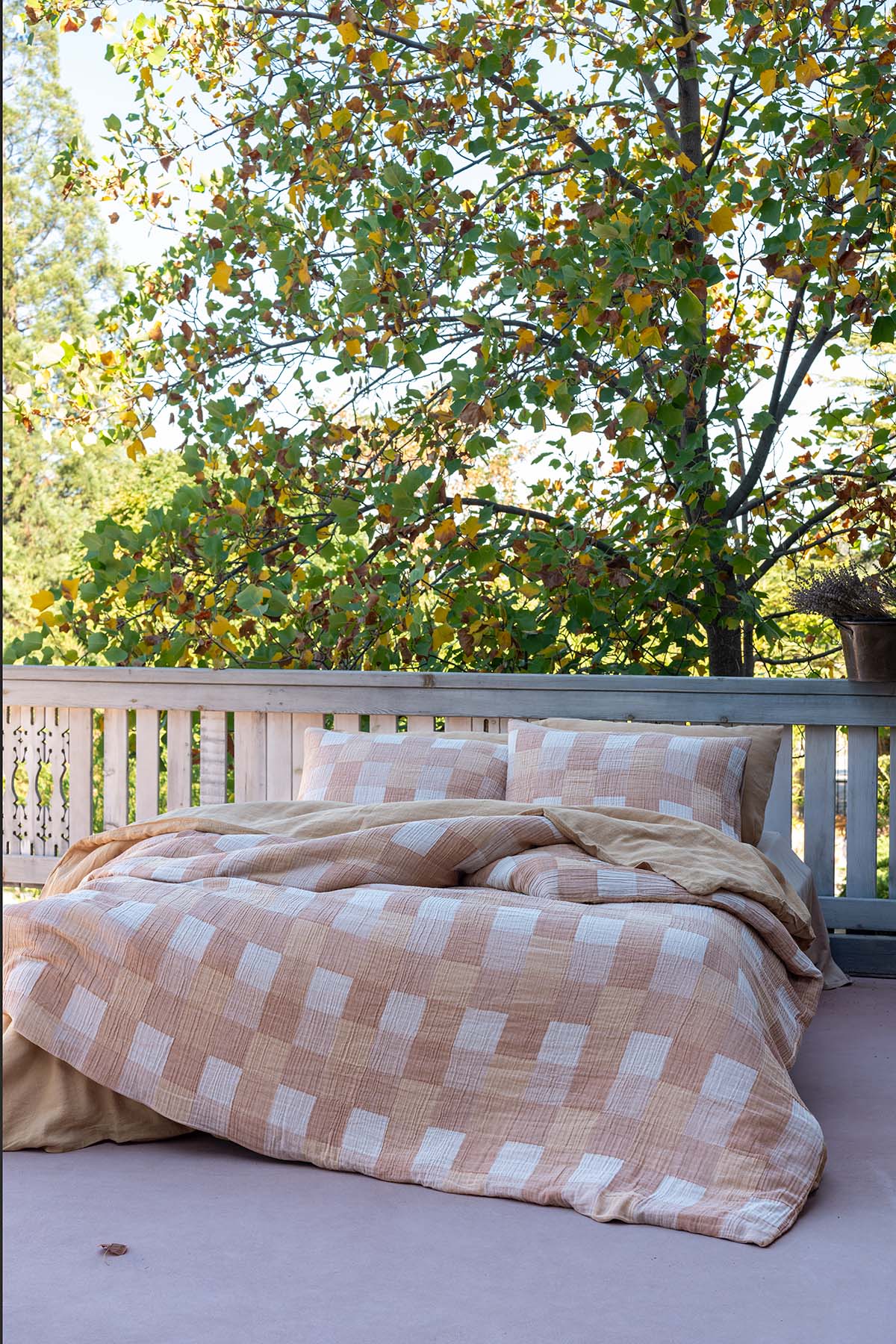 Gingham Gauze Duvet Cover Oak Buff / Rustic Caramel