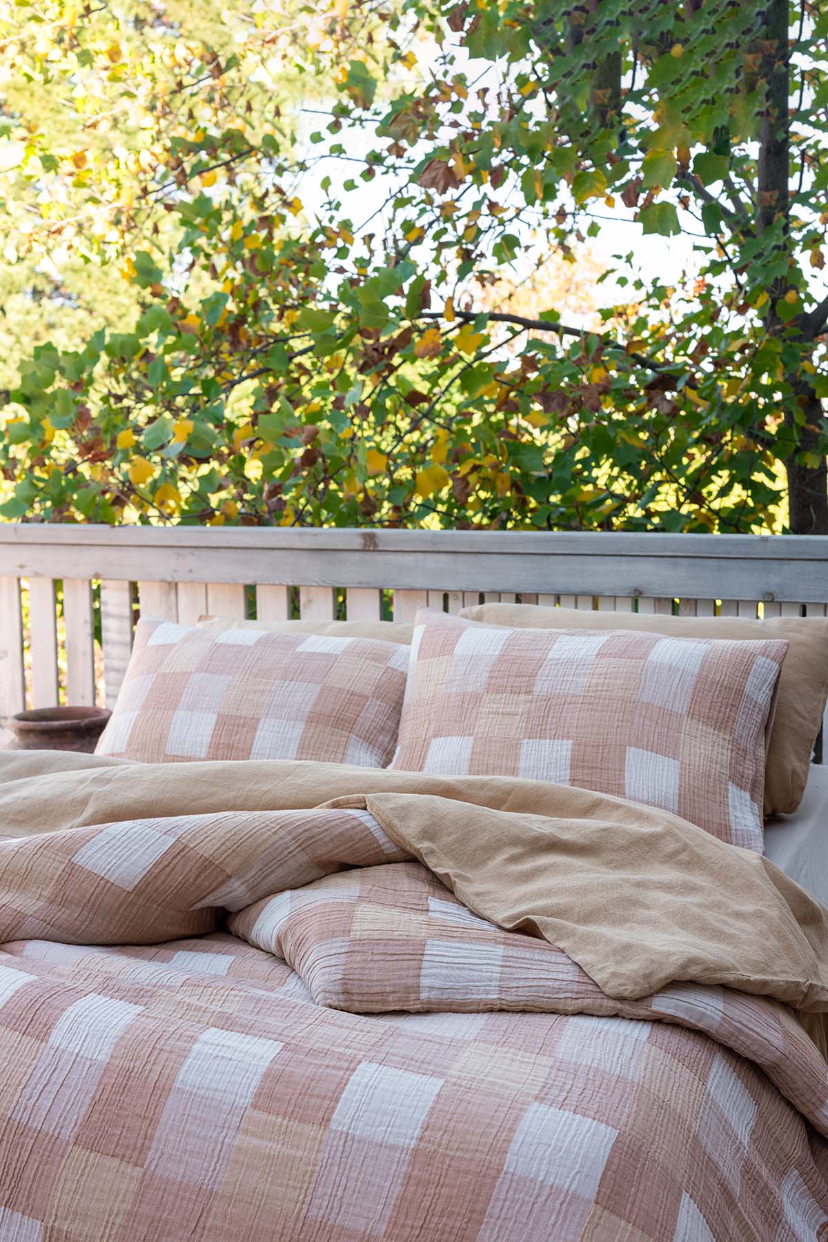 Gingham Gauze Duvet Cover Oak Buff / Rustic Caramel