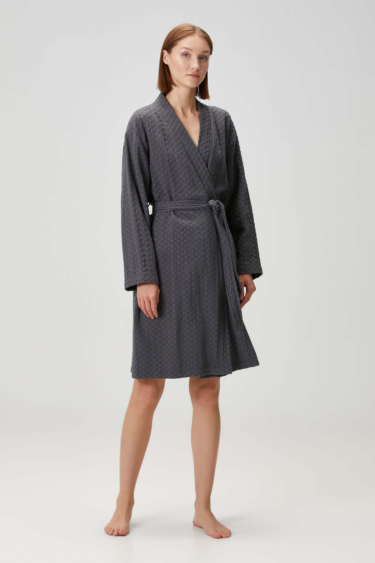 Honeycomb Waffle Cotton Robe Dark Grey