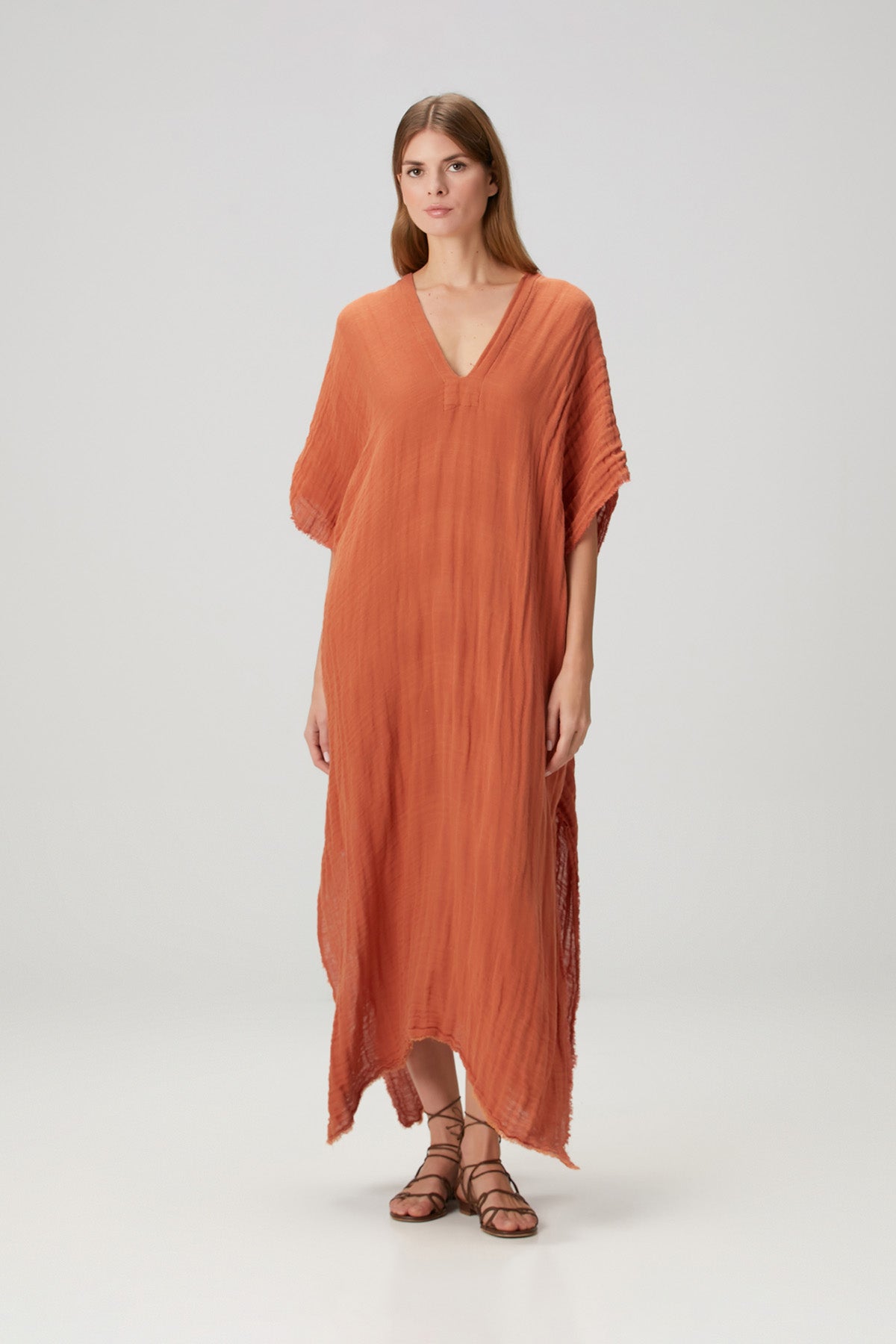 Linen Blend Textured Kaftan Cinnamon