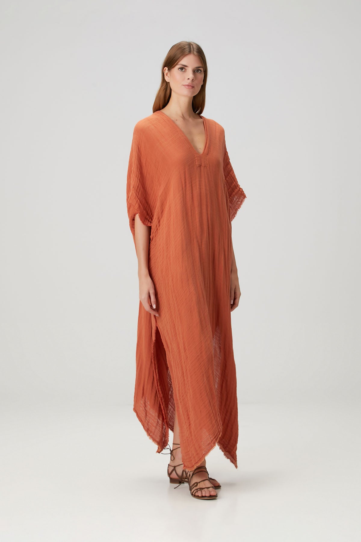 Linen Blend Textured Kaftan Cinnamon