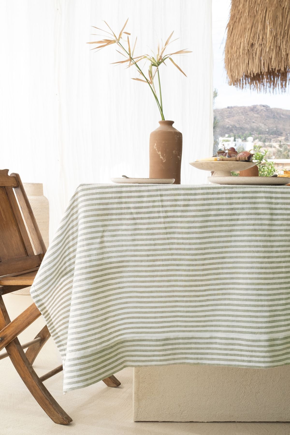 Linen Keten Masa Örtüsü Stripe Haki