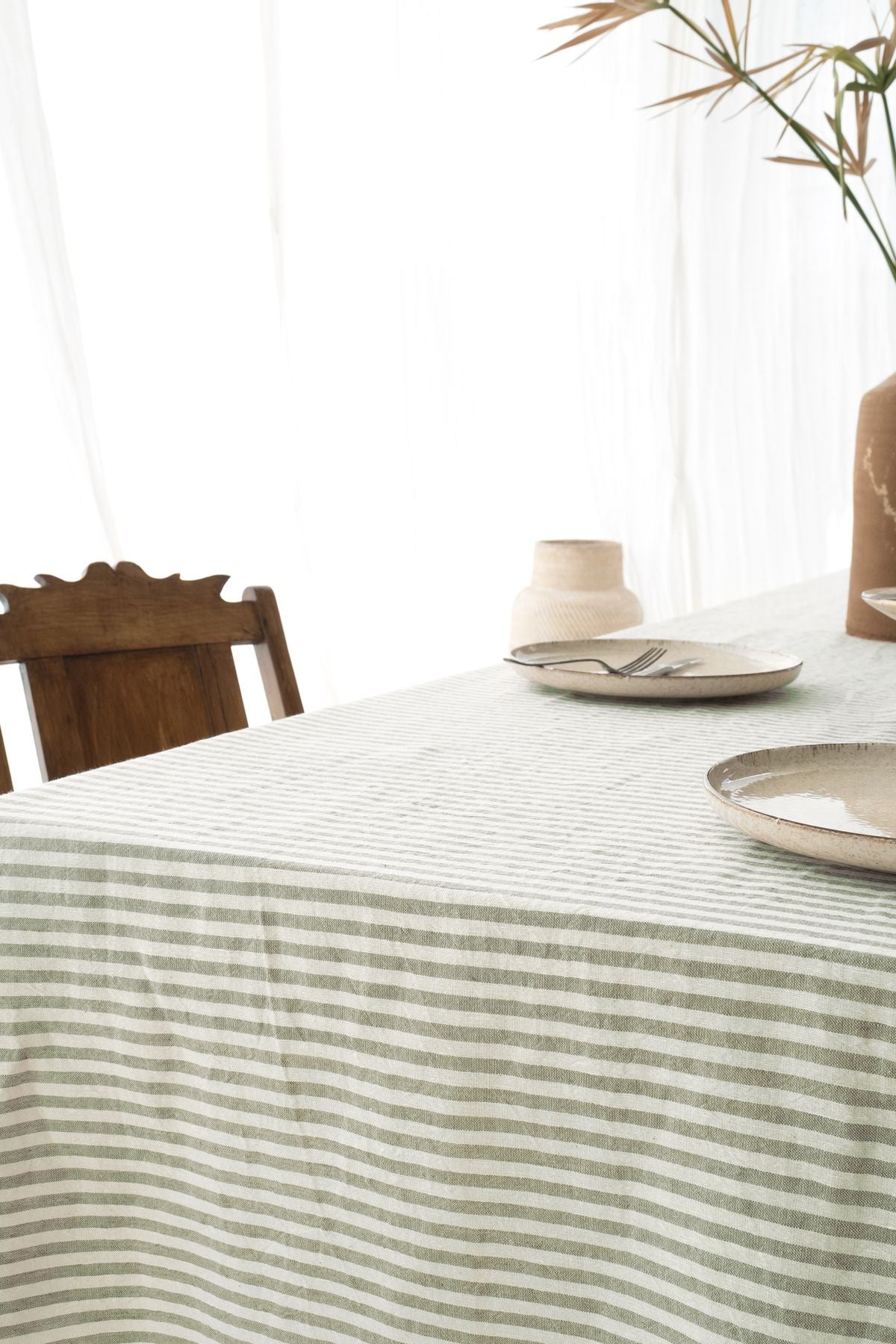 Linen Keten Masa Örtüsü Stripe Haki