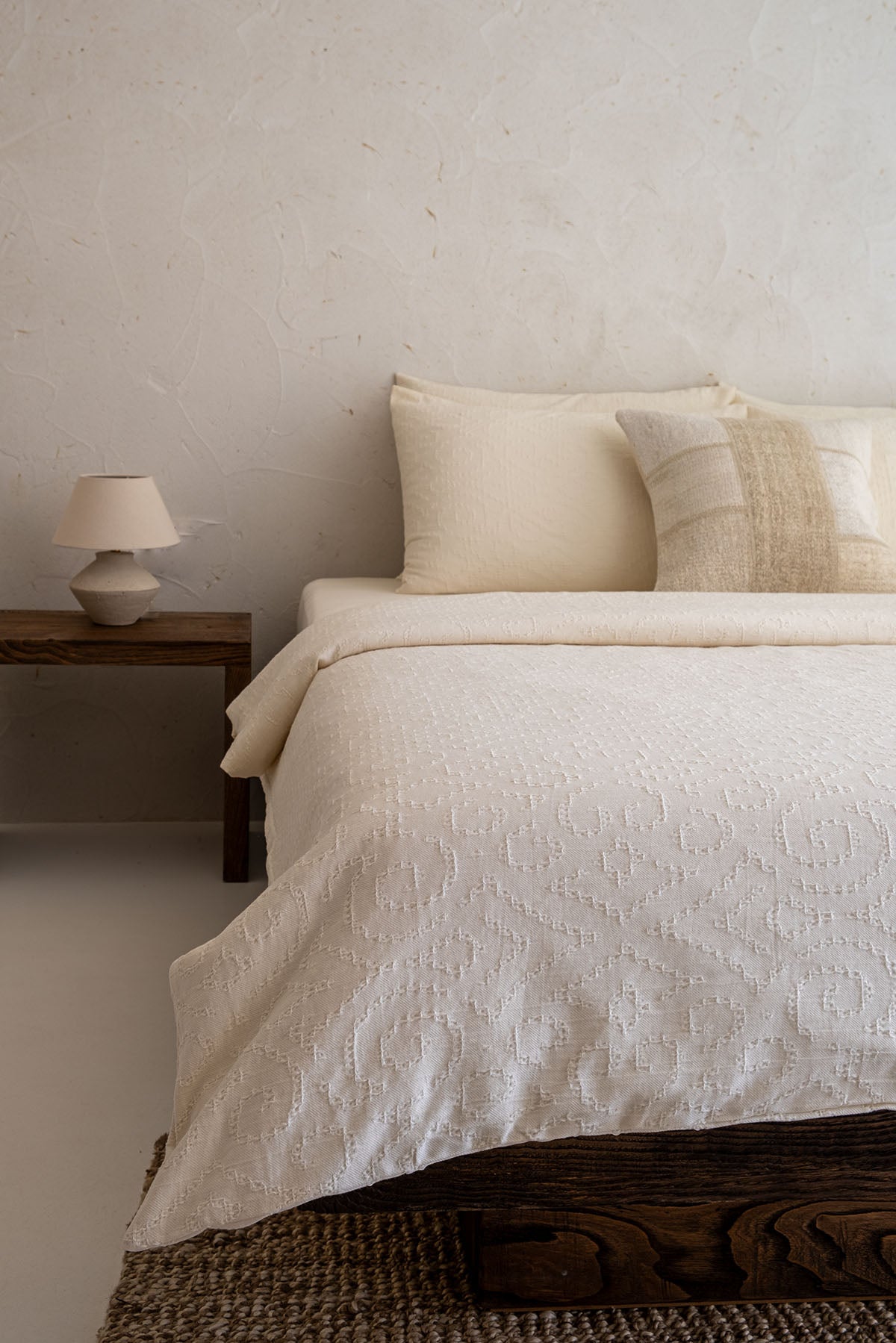 Damask Jacquard Waffle Duvet Cover Cream