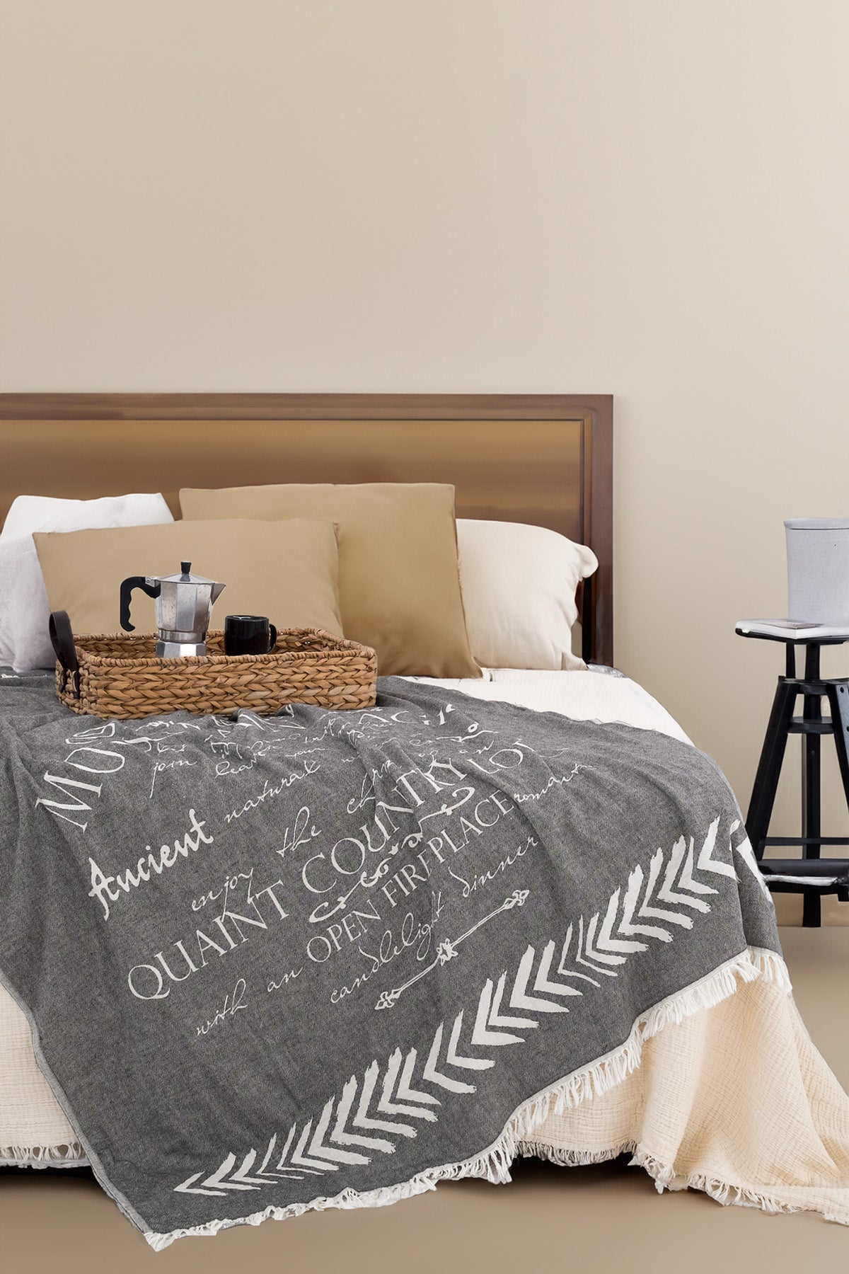 Fleece Double Face Letter Jacquard Throw With Carry Strap Grey