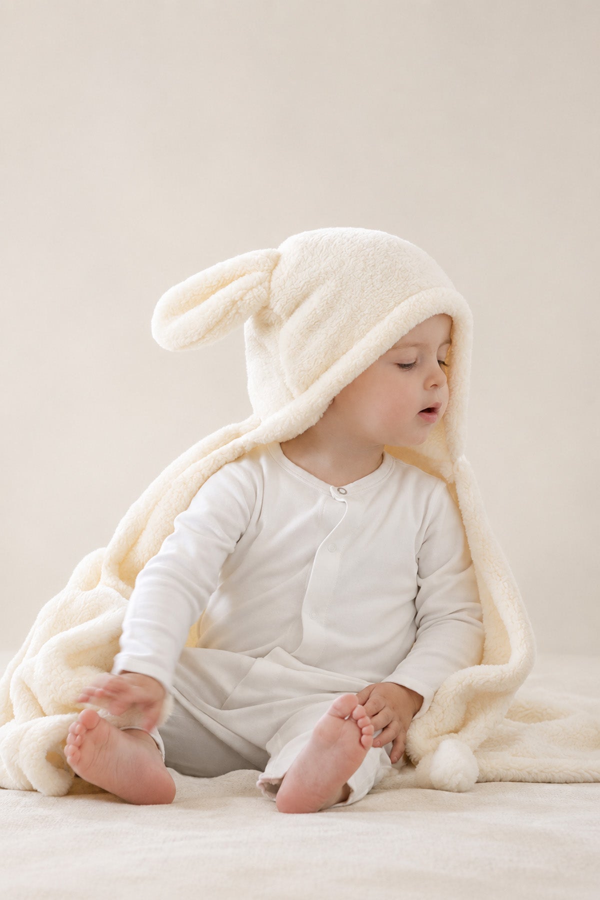 Bunny Hooded Fleece Blanket Ecru