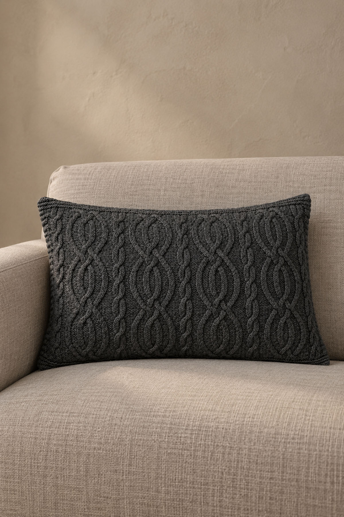 Cable Wool Blend Knit Cushion Cover Grey
