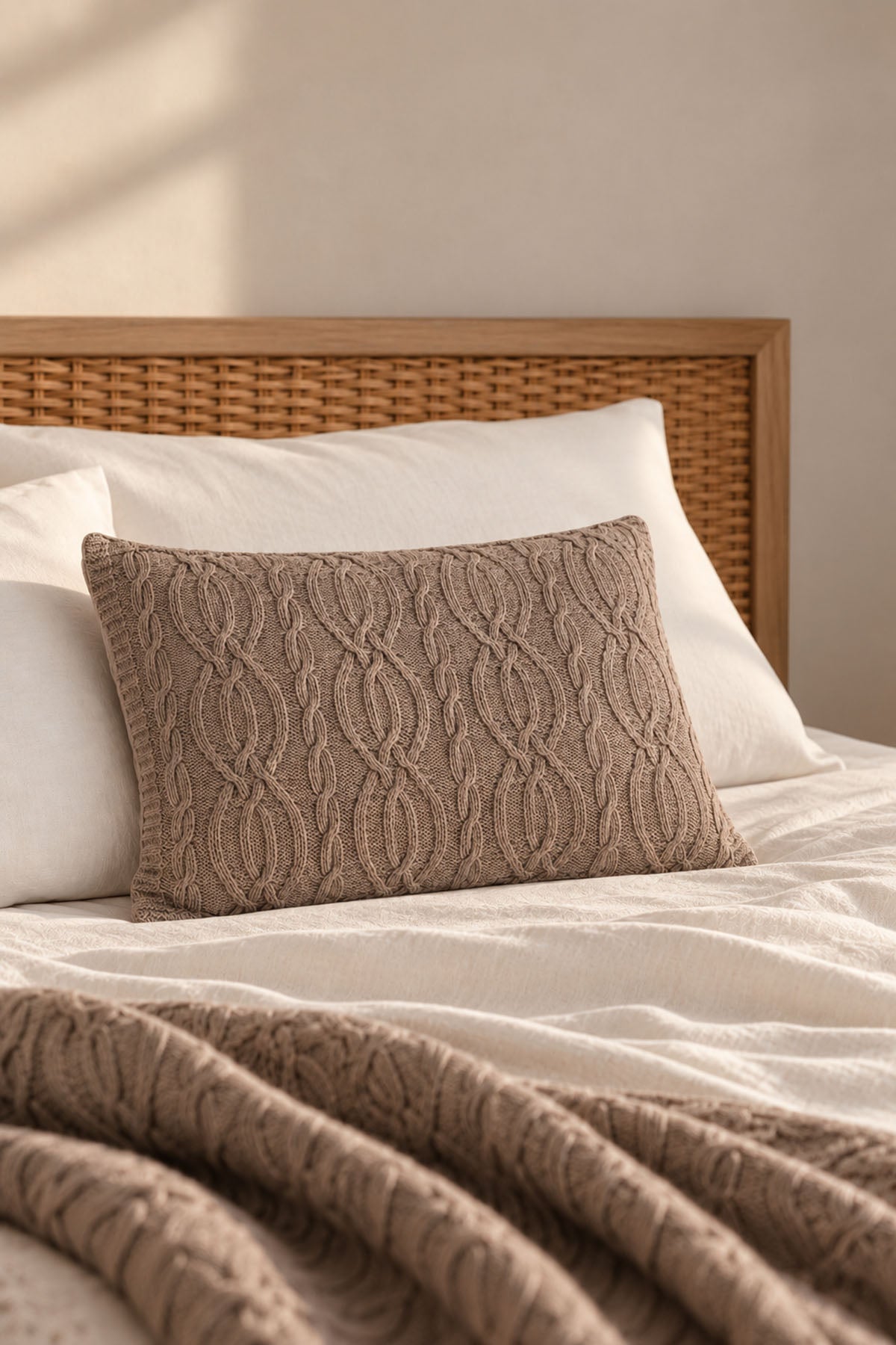 Cable Wool Blend Knit Cushion Cover Mink
