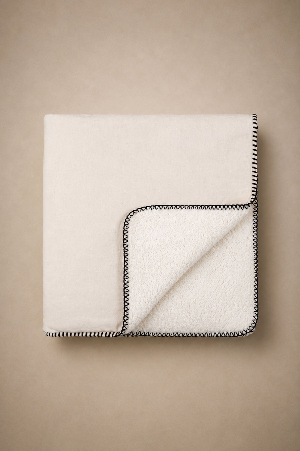 Cozy Decorative Stitched Cotton Throw With Fleece Lining Ecru