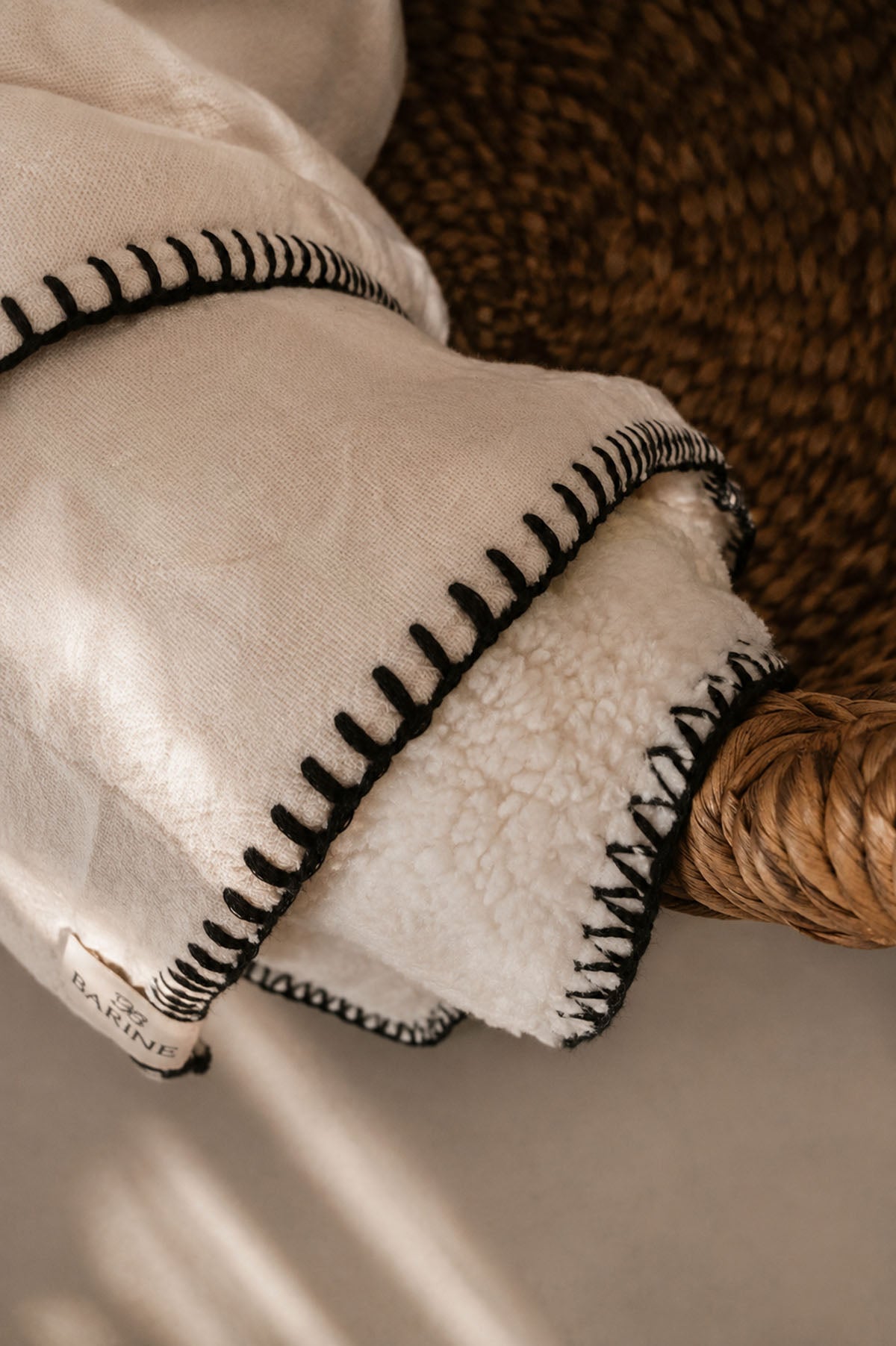 Cozy Decorative Stitched Cotton Throw With Fleece Lining Ecru