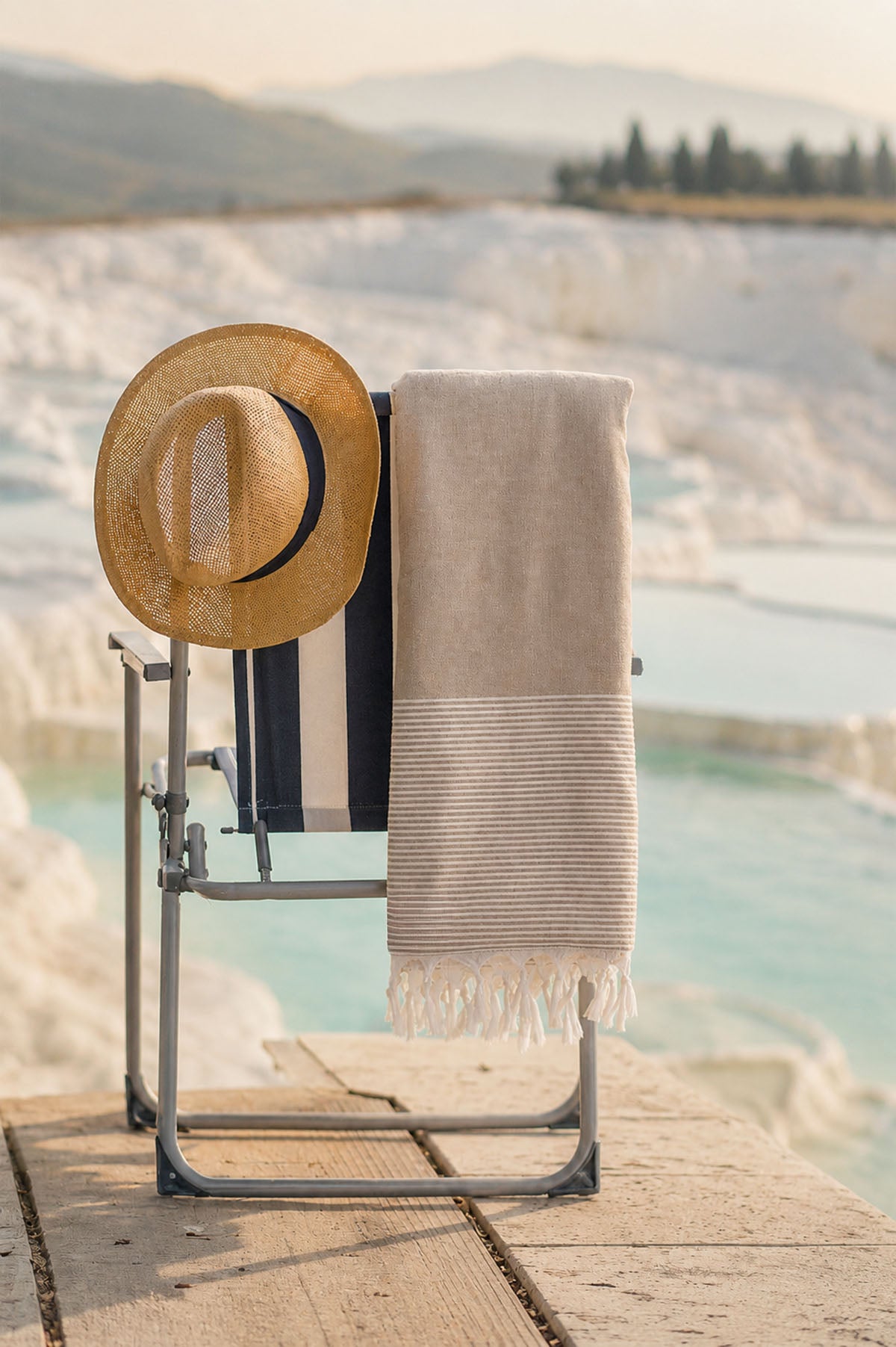 Deep Stripy Cotton Pestemal Turkish Towel Beige