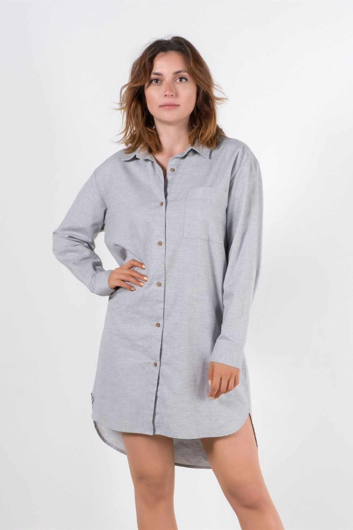 Flanel Gömlek Elbise Melange Gri