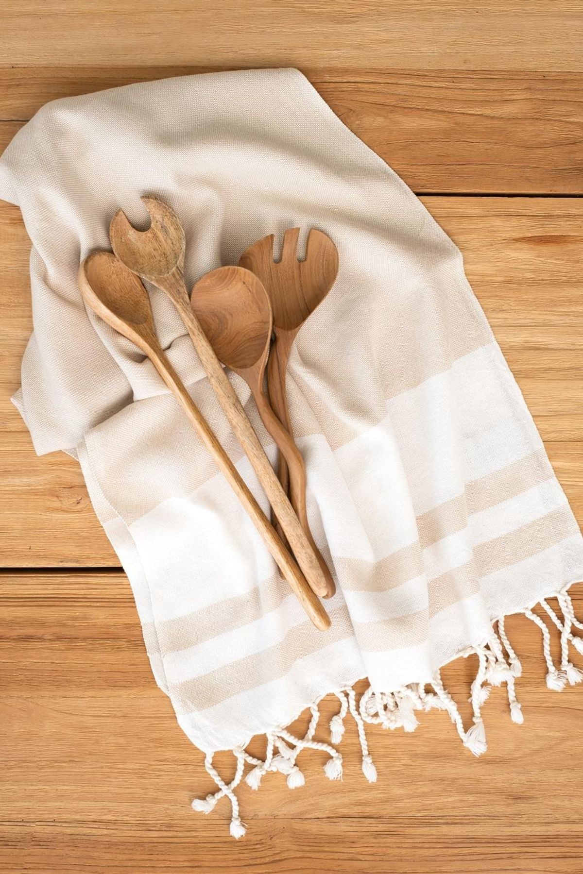 Simple Tassel 2'li Mutfak Havlusu Bej