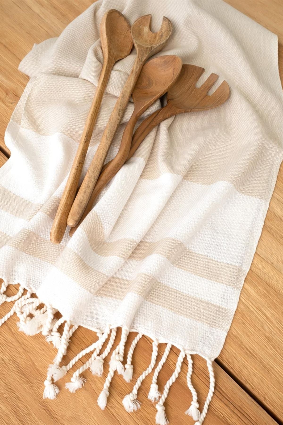 Simple Tassel 2'li Mutfak Havlusu Bej