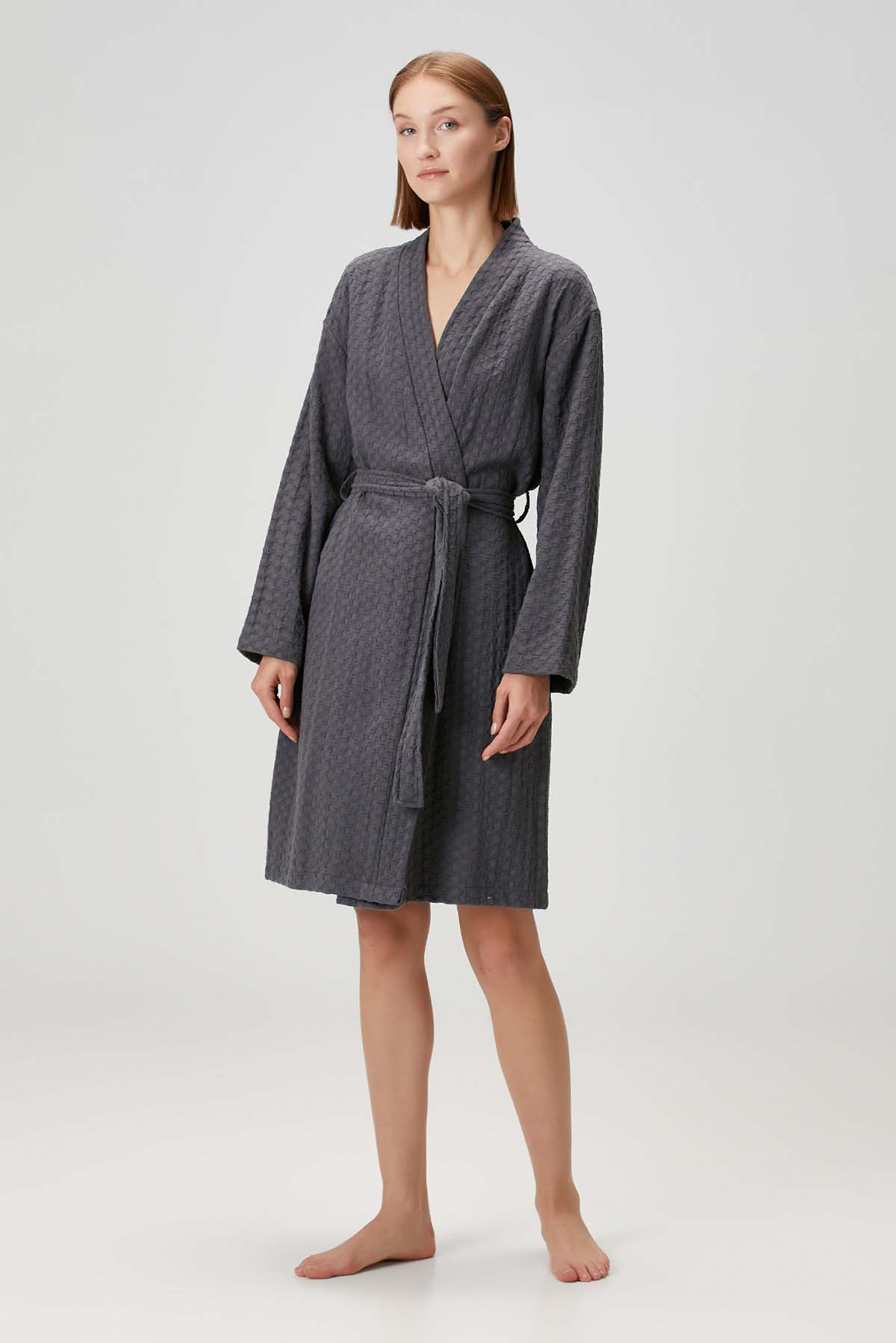 Honeycomb Waffle Cotton Robe Dark Grey