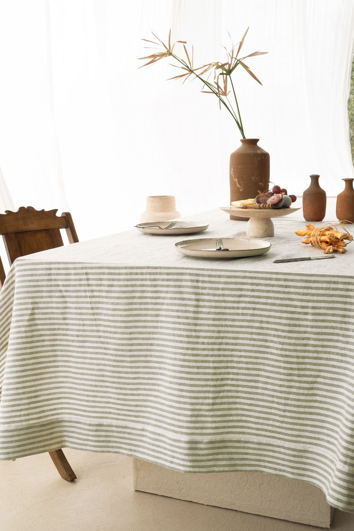 Linen Keten Masa Örtüsü Stripe Haki