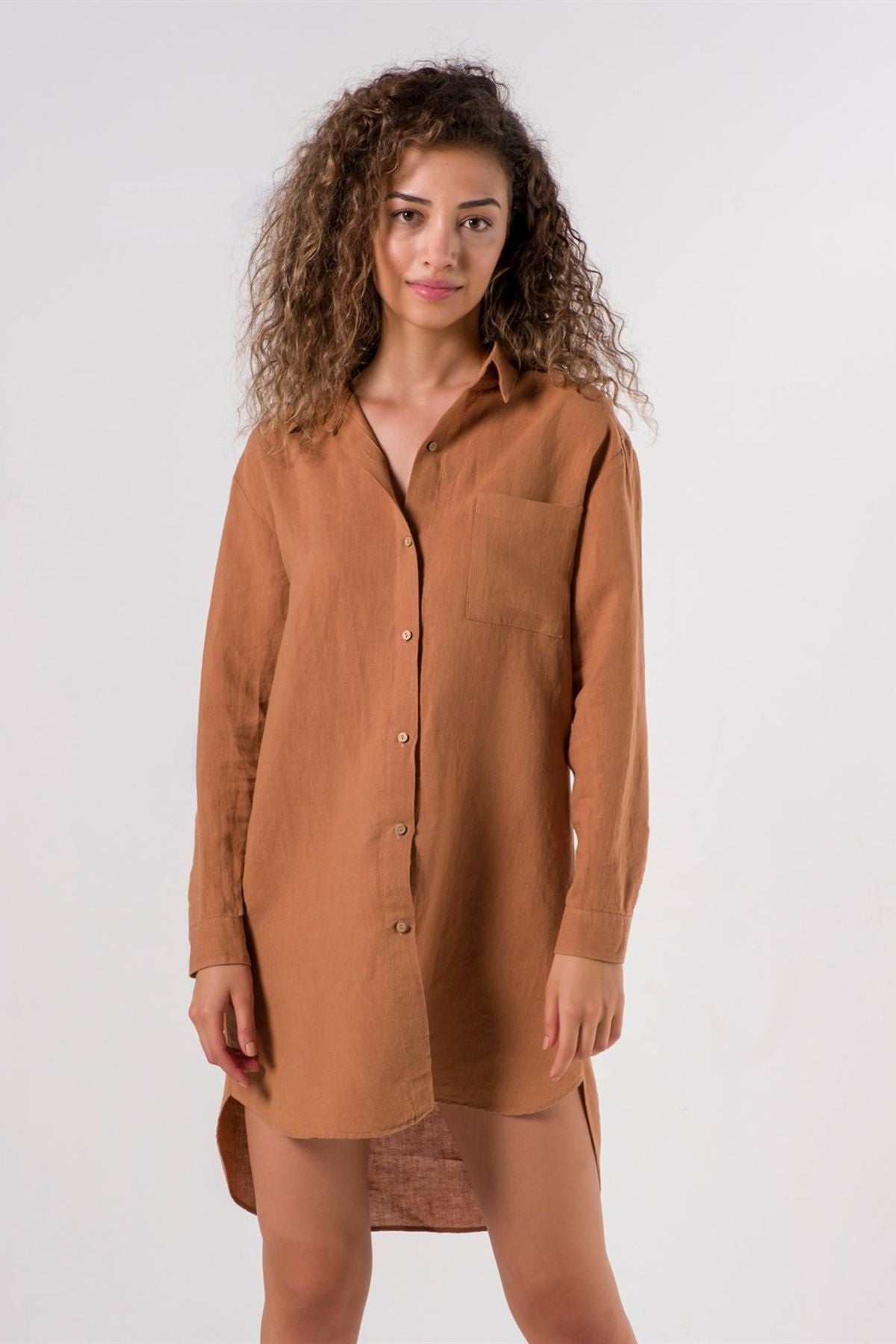 Lino Gömlek Elbise İndian Tan