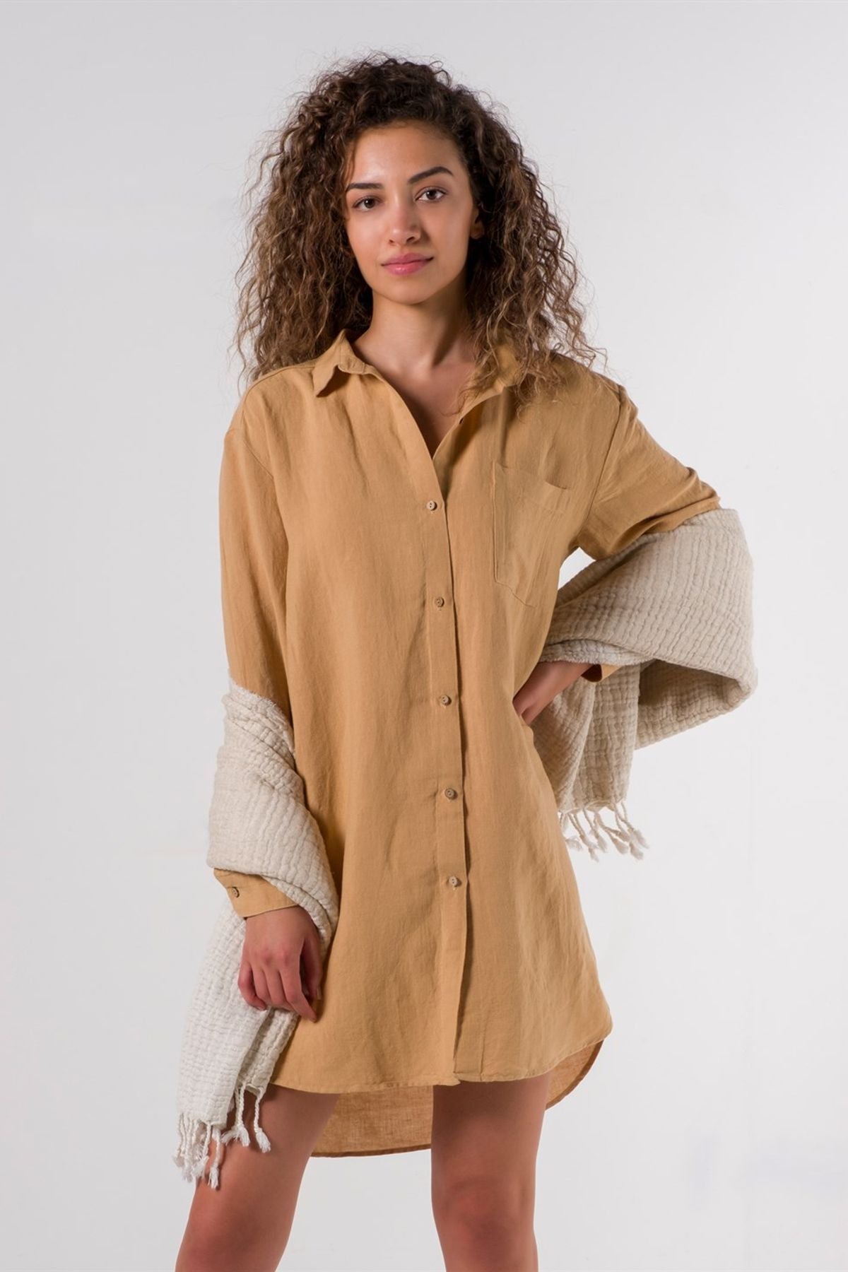 Lino Gömlek Elbise Sand