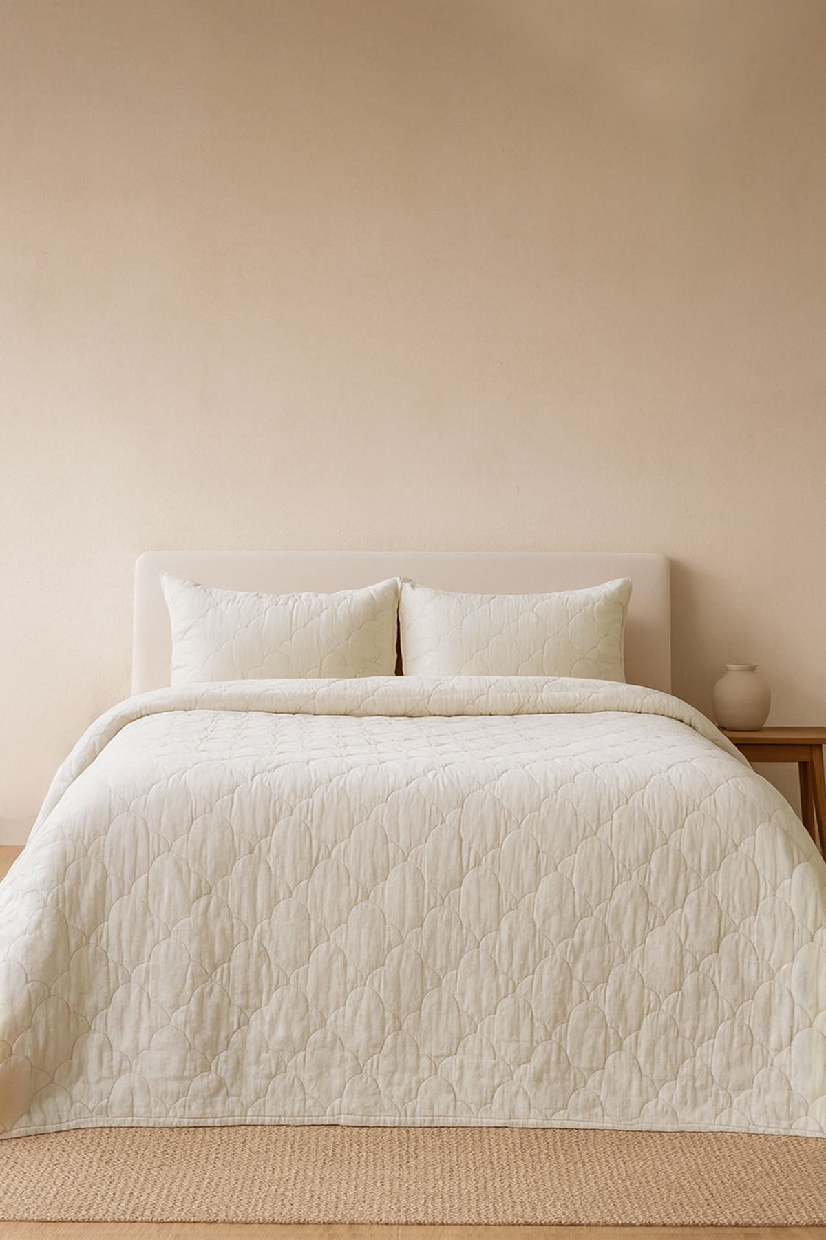 Serenity Quilted Linen Bedspread and Sham Set Beige