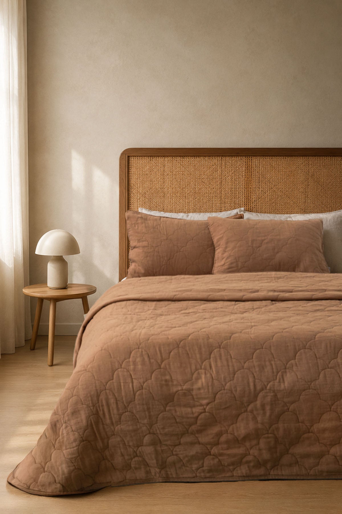 Serenity Quilted Linen Bedspread and Sham Set Caramel