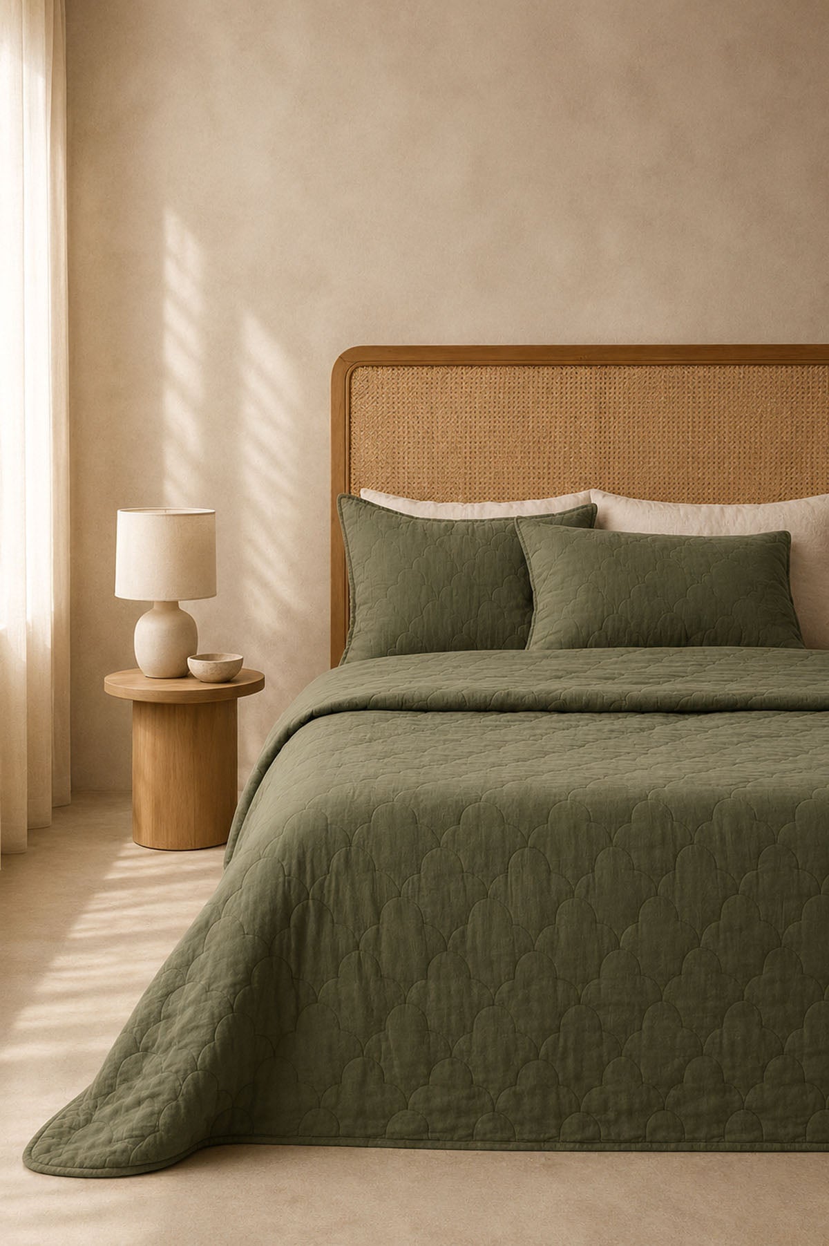 Serenity Quilted Linen Bedspread and Sham Set Khaki