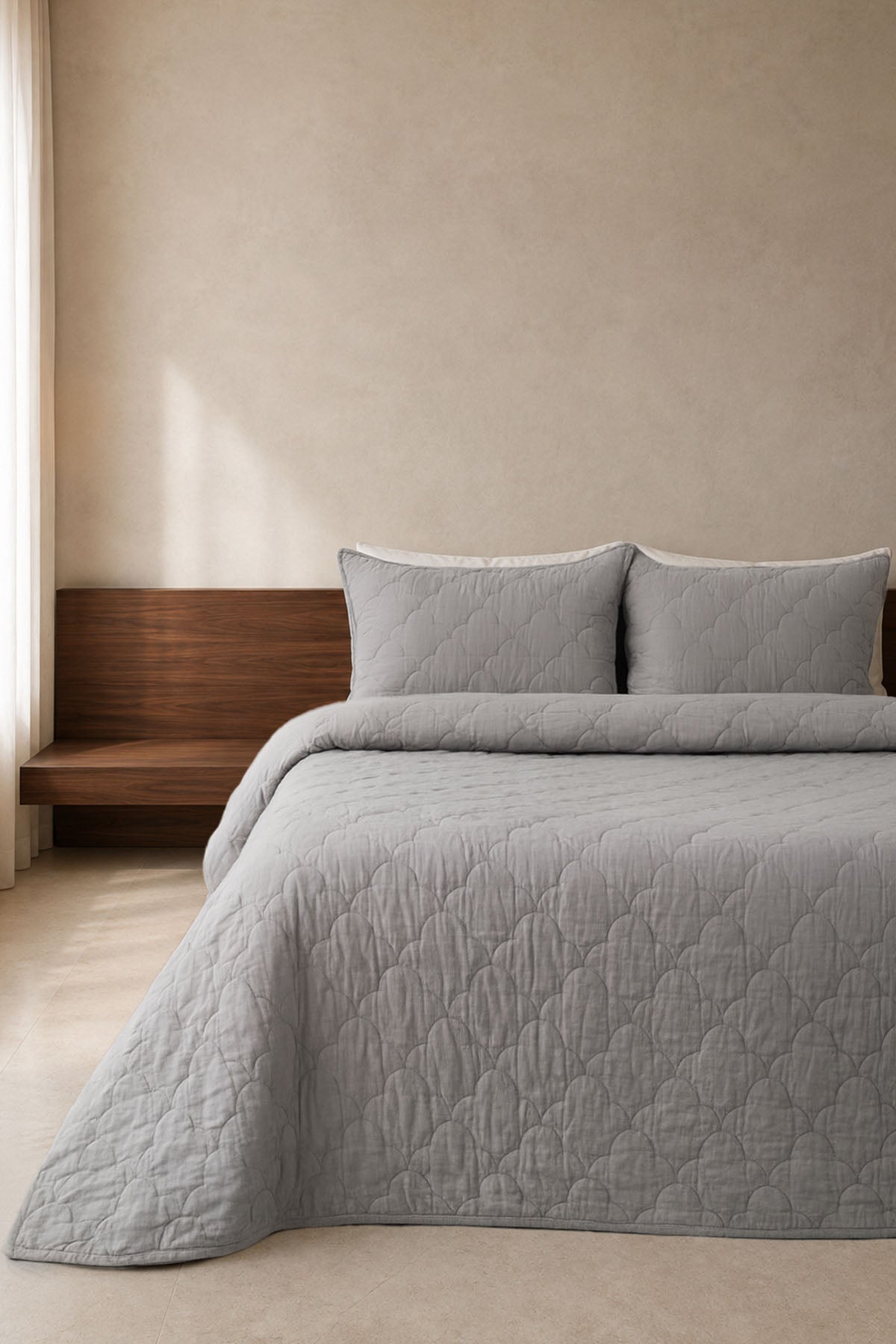 Serenity Quilted Linen Bedspread and Sham Set Grey