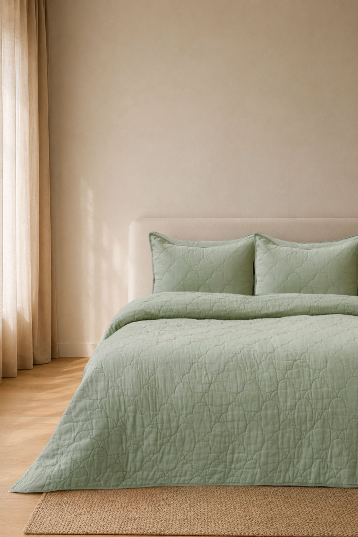 Serenity Quilted Linen Bedspread and Sham Set Light Green