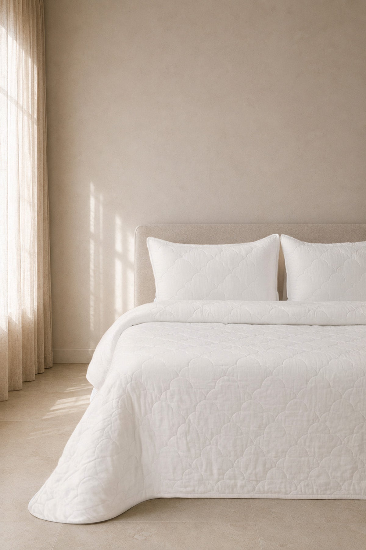 Serenity Quilted Linen Bedspread and Sham Set White