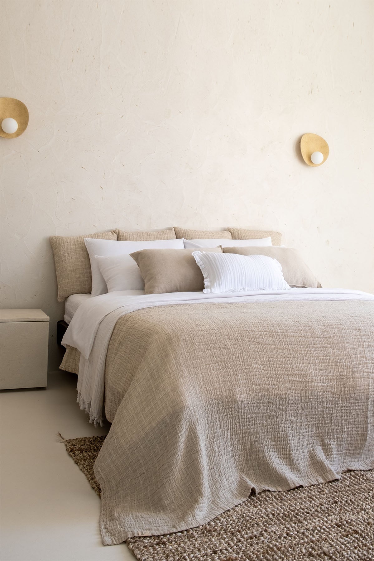 Square Keten Kareli Yatak Örtüsü Naturel