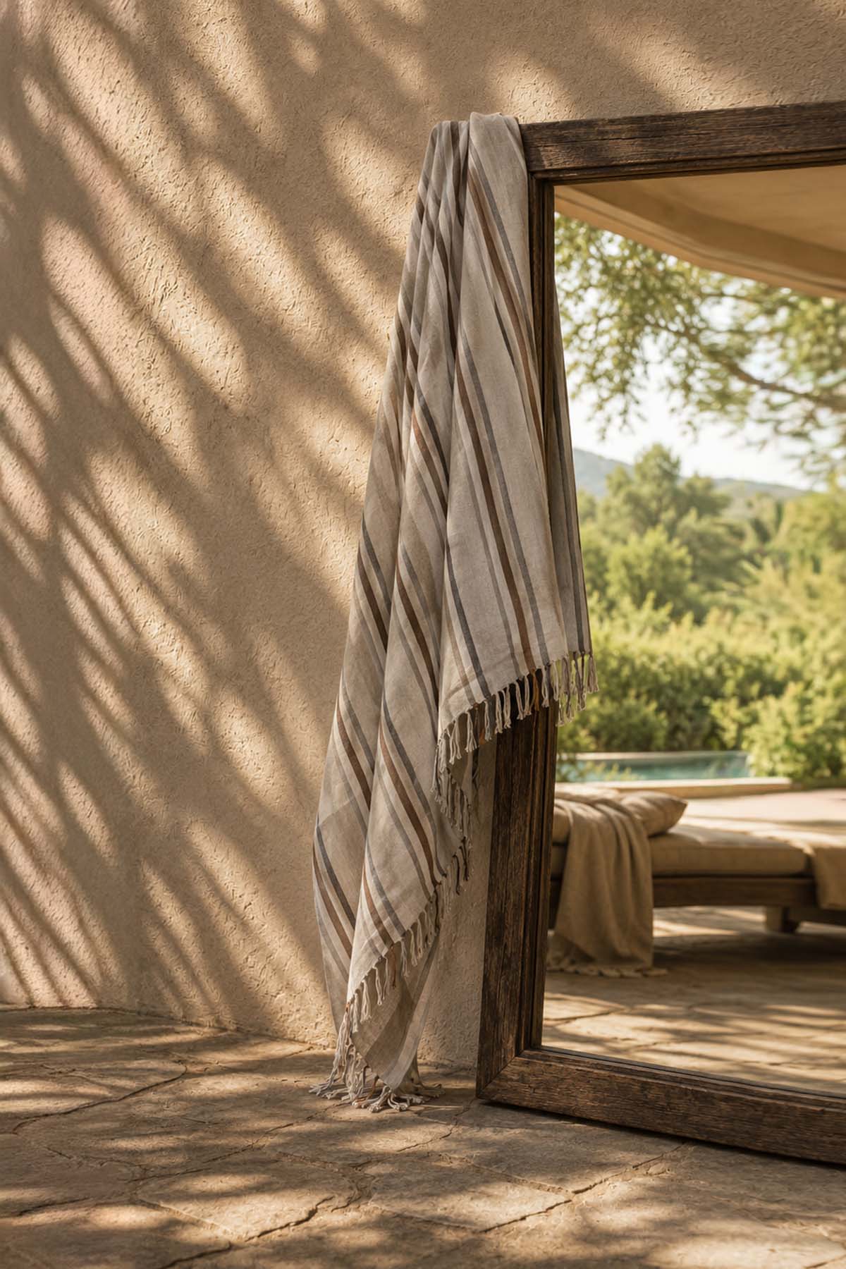 Striped Linen Pestamal Turkish Towel w/ Carry Bag Brown