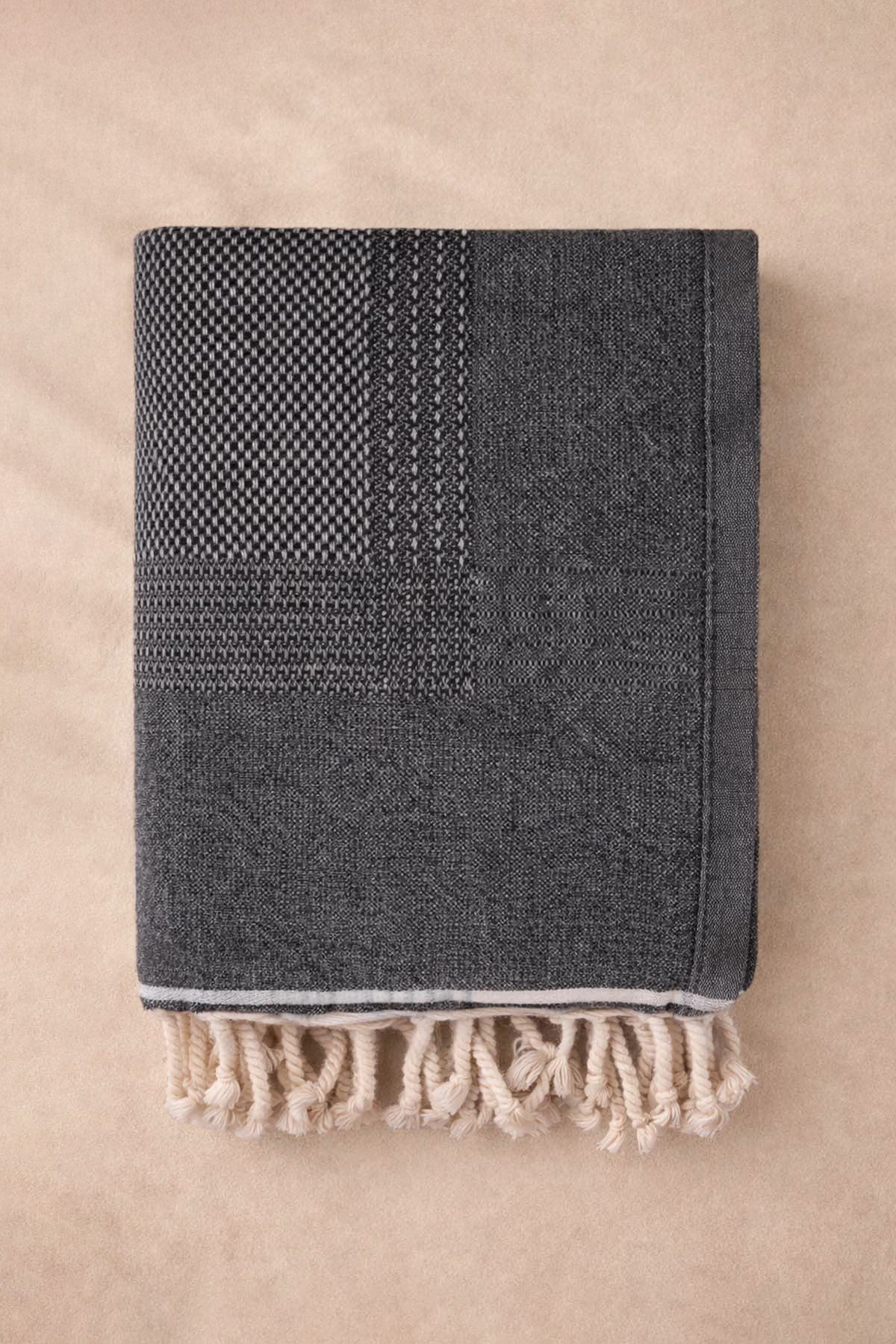 Tan Wool Blend Textured Throw Blanket Black