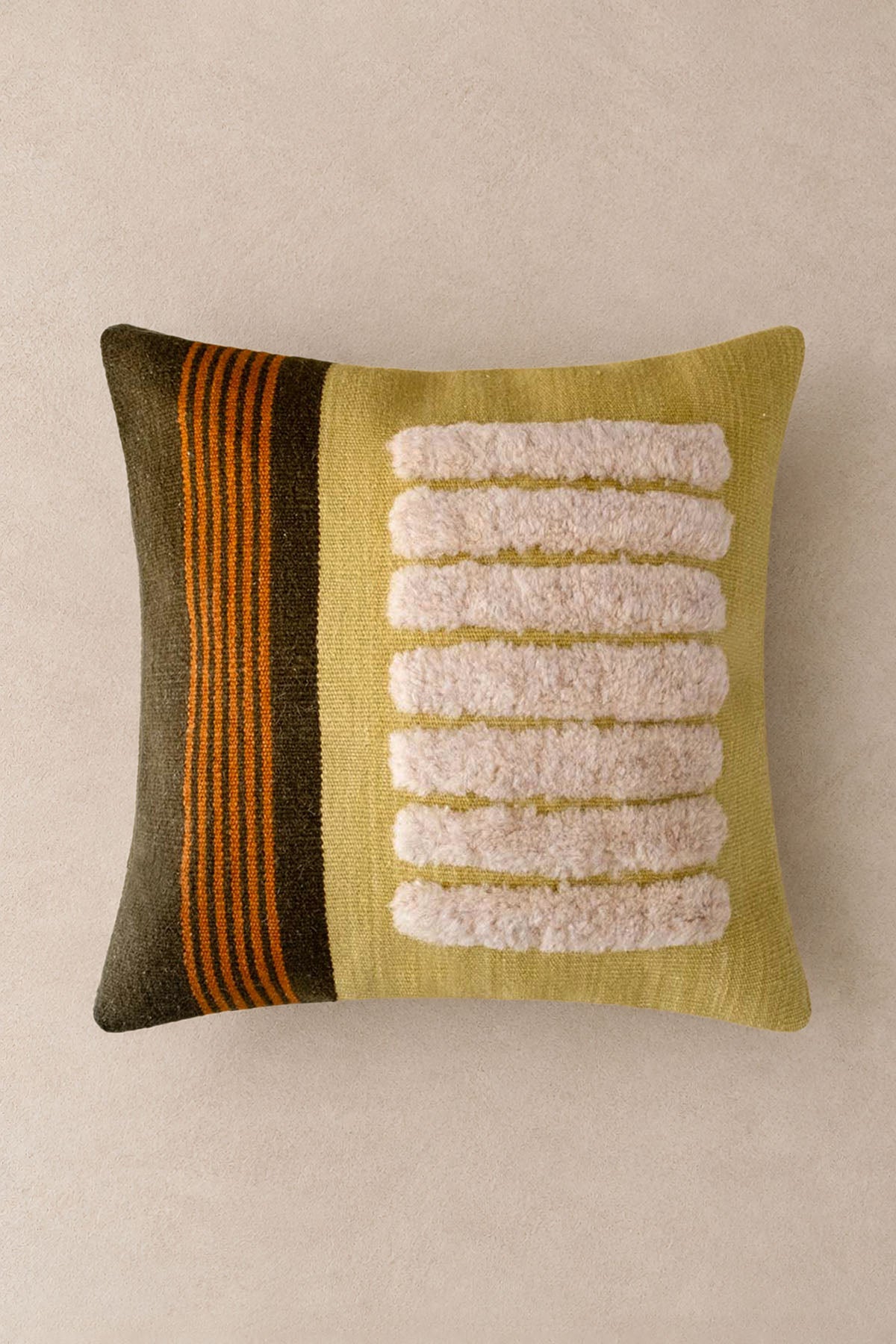 Wool Tufted Stripes Artisanal Cushion Green