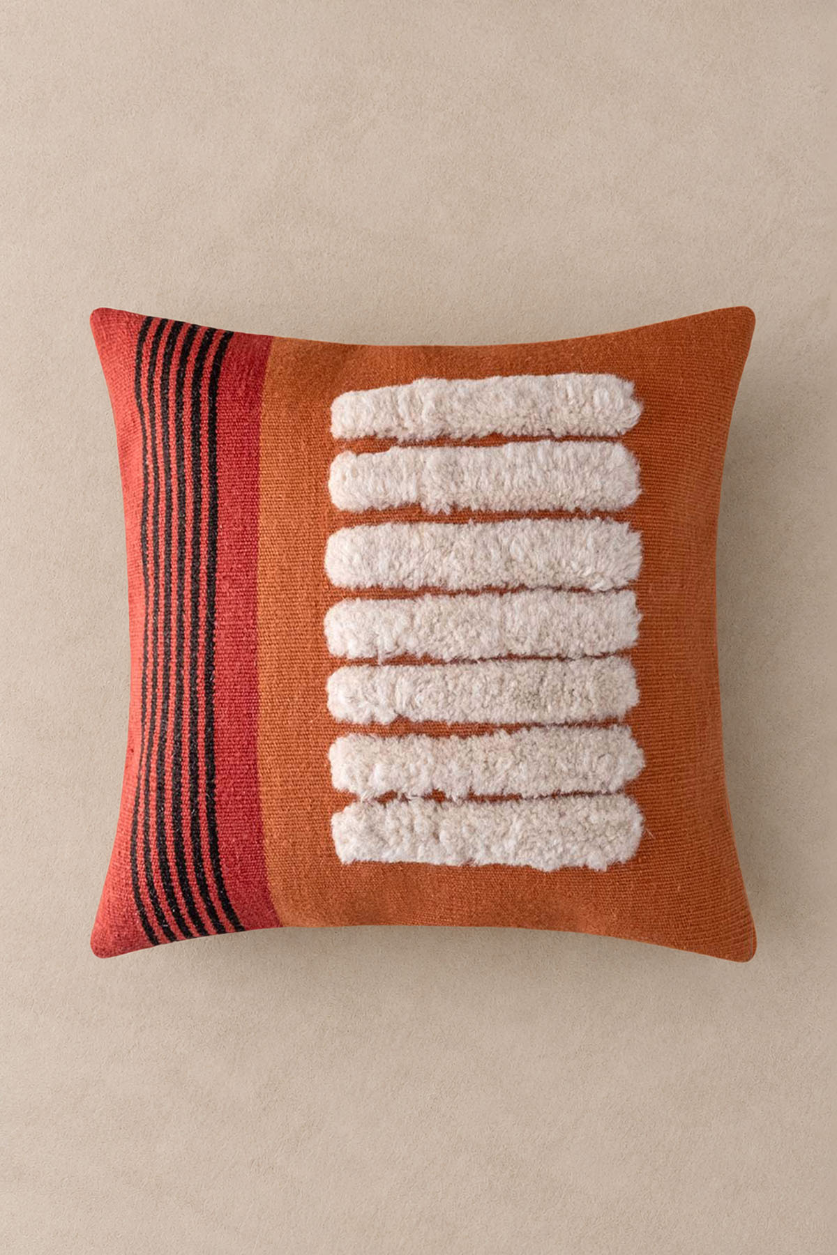 Wool Tufted Stripes Artisanal Cushion Terra